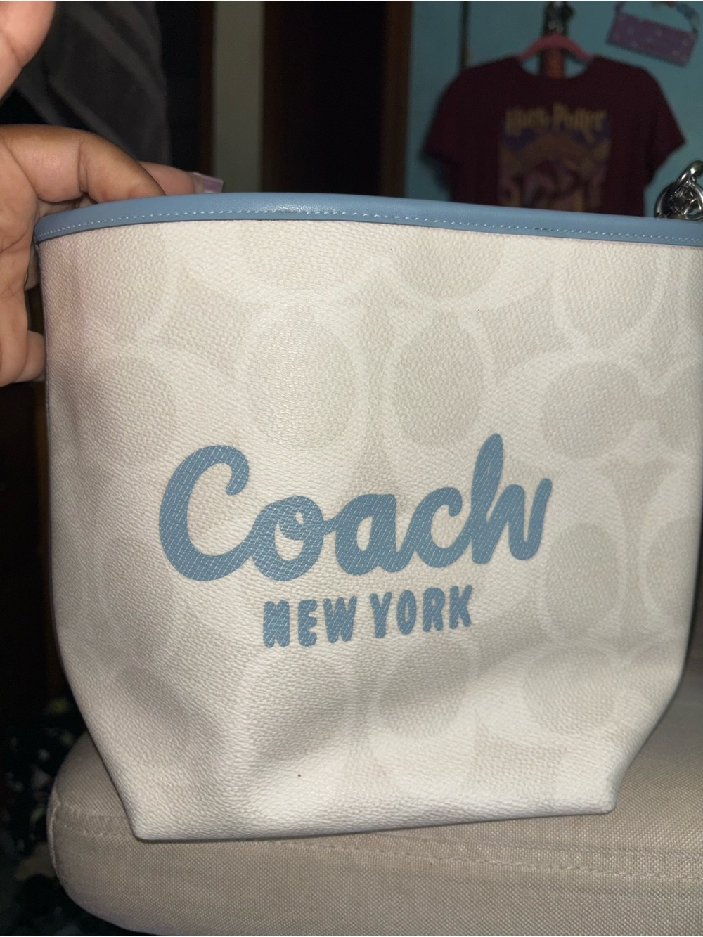 Coach Cream Crossbody with Blue Logo Trim